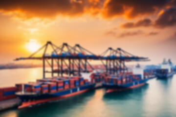 Fototapeta premium Blurry photo Container ship and loading and unloading port with cranes industrial forwarding import export international worldwide, sunset, blurry port wallpaper.