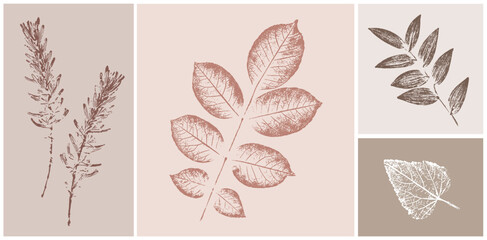 Hand drawn pink tan and brown floral prints of botanical illustration. Decorative set of rustic flowers and leaves pressed or stamped.