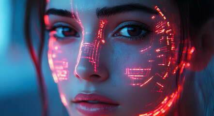 A woman's face is in the center of a futuristic facial recognition scan
