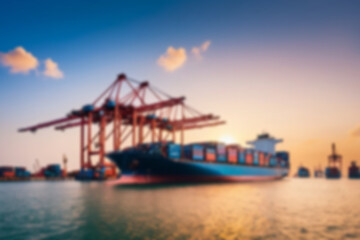 Blurry photo Container ship and loading and unloading port with cranes industrial forwarding import export international worldwide, sunset, blurry port wallpaper.