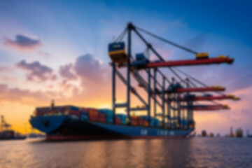 Fototapeta premium Blurry photo Container ship and loading and unloading port with cranes industrial forwarding import export international worldwide, sunset, blurry port wallpaper.