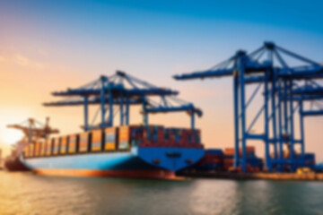 Obraz premium Blurry photo Container ship and loading and unloading port with cranes industrial forwarding import export international worldwide, sunset, blurry port wallpaper.