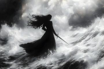 Dark-haired figure with sword strides through stormy sea under a tumultuous sky