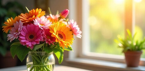 A vibrant bouquet of flowers in a sun-drenched room, exuding joy and serenity Perfect for themes of happiness, beauty, and well-being , light, delightful, gorgeous