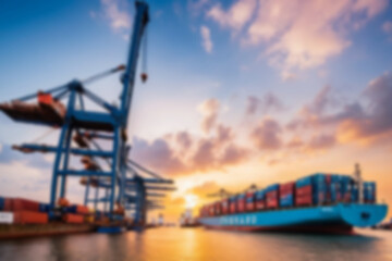 Blurry photo Container ship and loading and unloading port with cranes industrial forwarding import export international worldwide, sunset, blurry port wallpaper.