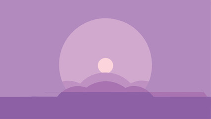 Abstract purple landscape featuring sun and hills created using geometric shapes