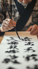 Chinese calligrapher making banner of characters