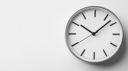 A classic round clock displaying the time, isolated on a clean white background.
