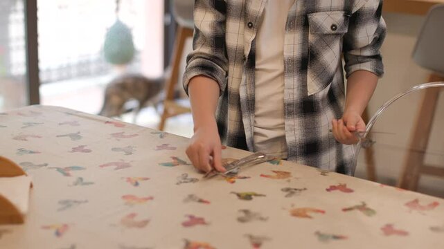 Tracking shot of a 10-year-old boy placing cutlery on the kitchen table at home. The family in the back and a cat walks blurred in the background. Natural light in a rustic-modern kitchen.Horizontal