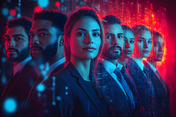 A diverse group of business professionals are standing, symbolizing innovation and a tech-savvy future, with digital overlay and vibrant lighting effects.