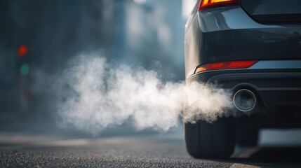 A gray car releases white exhaust fumes as it navigates a bustling city street. The backdrop features blurred buildings and bright traffic lights, creating a lively urban atmosphere
