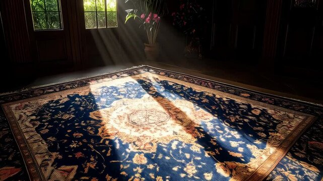 Sunlight streaming through window onto detailed oriental rug on wooden floor in a room creating a light and dark pattern.