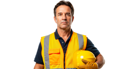 A serious construction worker stands with a yellow hard hat, ready to work on a project.