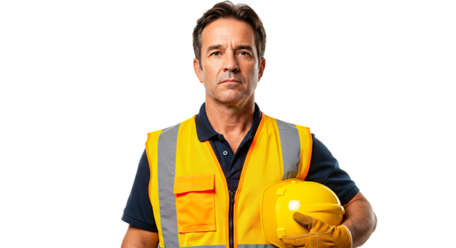 A serious construction worker stands with a yellow hard hat, ready to work on a project.