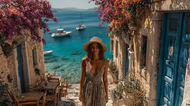 Woman in Floral Dress and Straw Hat Standing on a Picturesque Street in Symi, Greece, Overlooking Turquoise Sea