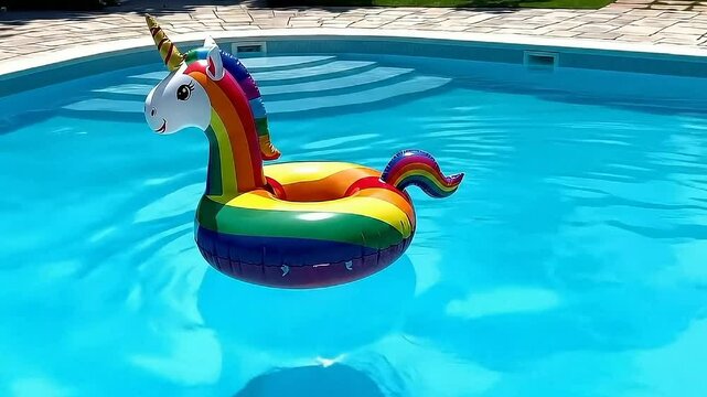 Rainbow unicorn pool float toy drifts in a sunlit swimming pool. Magical Full HD video for summer fun, fantasy themes, and LGBTQ+ Pride Month