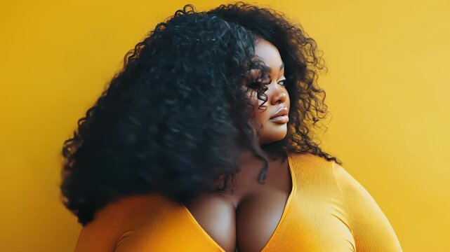 Portrait of a Beautiful Plus-Size Black Woman with Curly Hair Against a Vibrant Yellow Background, Looking Confidently to the Side