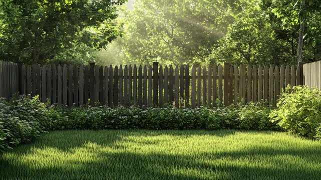 A tranquil backyard scene featuring lush green grass and a weathered wooden fence
