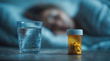 On a bedside table, a glass of water sits next to an orange pill bottle, with a person resting in the dim light of the room. It captures a moment of nighttime tranquility