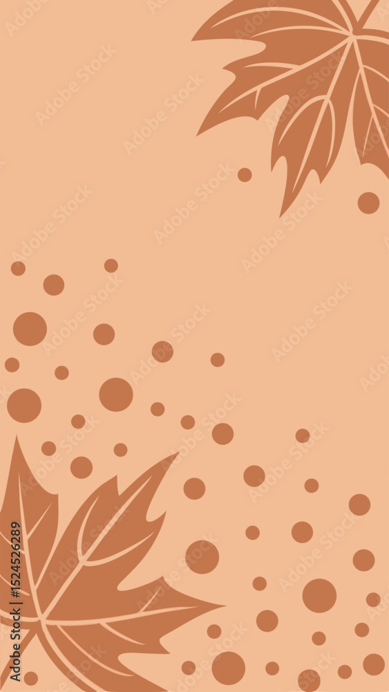 Poster artistic autumnal design with maple leaves and floating brown circles on peach background