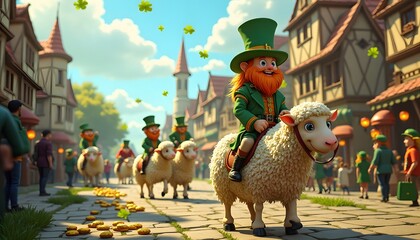 Leprechauns on sheep parade on cobblestone street amid shamrocks and gold