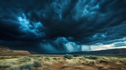 Awe-Inspiring Storm Over Arid Landscape: Dramatic Sky and Rain Shafts