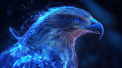 Mystical eagle illuminated in blue hues against a dark cosmic backdrop