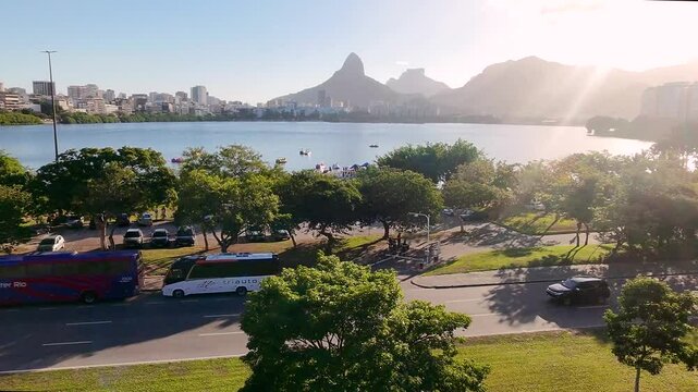 Drone view of Rodrigo de Freitas Lagoon in Rio de Janeiro.