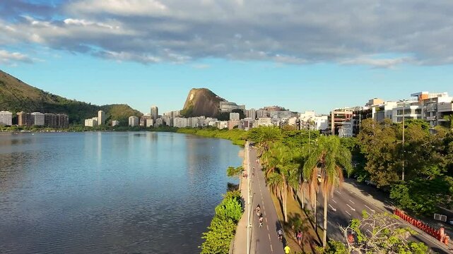 Drone view of Rodrigo de Freitas Lagoon in Rio de Janeiro.