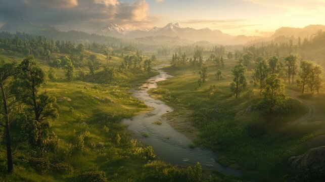 Serene mountain landscape with a winding river under a golden sunset light