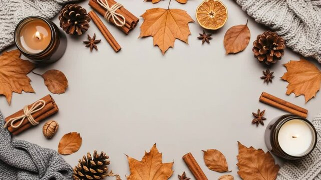 Autumn background with fall leaves, burning candle, cinnamon and pine cone on grey. Cozy mood border for Halloween.