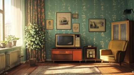 Nostalgic retro living room with vintage television, furniture and patterned wallpaper
