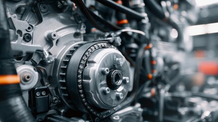 Fototapeta premium Focusing on a detailed engine part, the intricate design showcases metal components with a blend of silver and black elements, emphasizing mechanical engineering