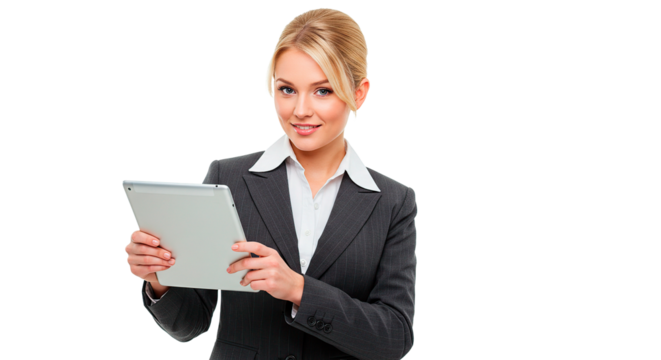 Blond businesswoman in a suit holds a tablet, smiling at the camera. - Powered by Adobe