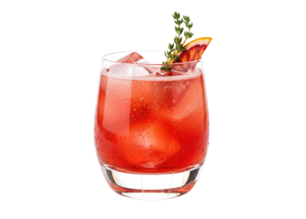 red blood orange cocktail with thyme garnish, transparent glass overlay