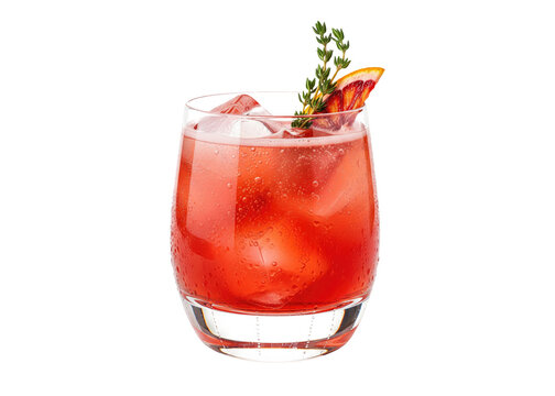 red blood orange cocktail with thyme garnish, transparent glass overlay