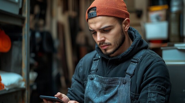 Focused young man in work overalls uses smartphone in workshop