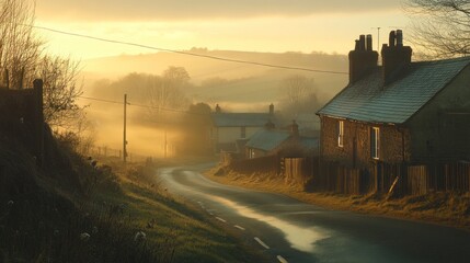 Rural Serenity: A Foggy Dawn in a Quaint English Village Landscape