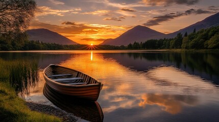 Tranquil lakeside scene featuring a boat and mountains at sunset or sunrise