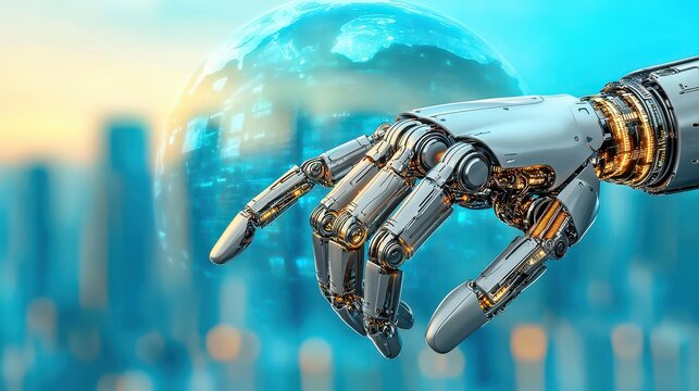 Robotic Hand and Digital Globe at Sunrise over Futuristic City