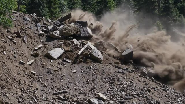 Natural disaster. Dramatic rockslide on mountain slope with dust clouds and debris in motion