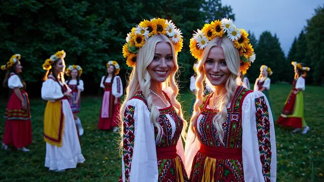 Midsummer folklore festival. Magical summer solstice ritual.	Slavic women in traditional attire with sunflower crowns dancing in nature at sunset