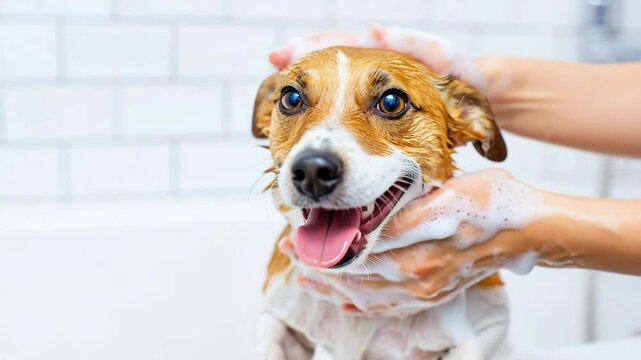 Smiling dog being washed in bathtub with soap and water, pet grooming at home, happy clean puppy, bathing routine, animal hygiene, indoor care moment