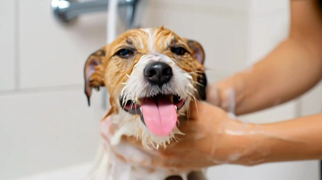 Happy wet dog with tongue out being washed in bathtub, pet grooming at home, bathing time, dog care, hygiene routine, domestic animal cleaning, cheerful moment