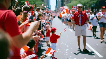 Crowd of people with Canadian flags during street parade on sunny day, red and white clothes, children and adults celebrating, urban setting, national pride, Canada Day event