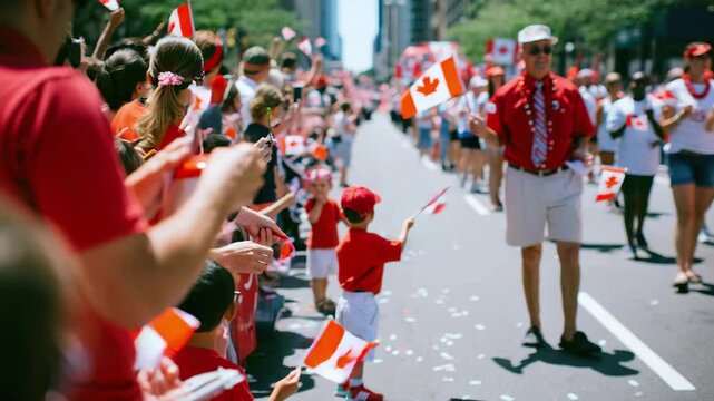 Crowd of people with Canadian flags during street parade on sunny day, red and white clothes, children and adults celebrating, urban setting, national pride, Canada Day event