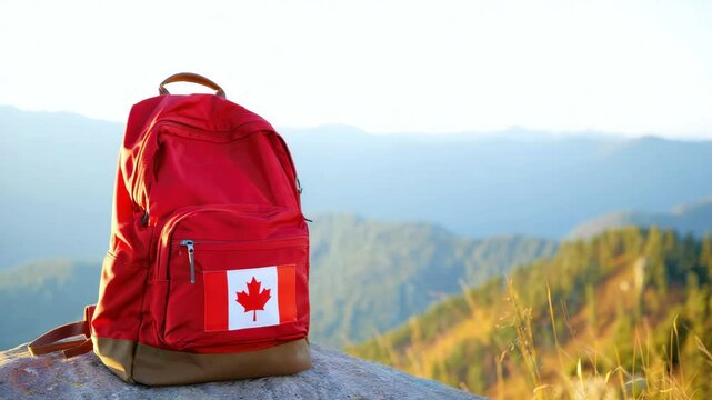 Red backpack with Canadian flag patch placed on mountain cliff with scenic forest and hills in background representing travel, adventure, hiking, patriotism, and Canada Day outdoors