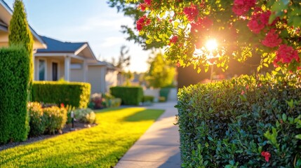 Residential neighborhood street featuring manicured lawns and blooming flowers at sunrise