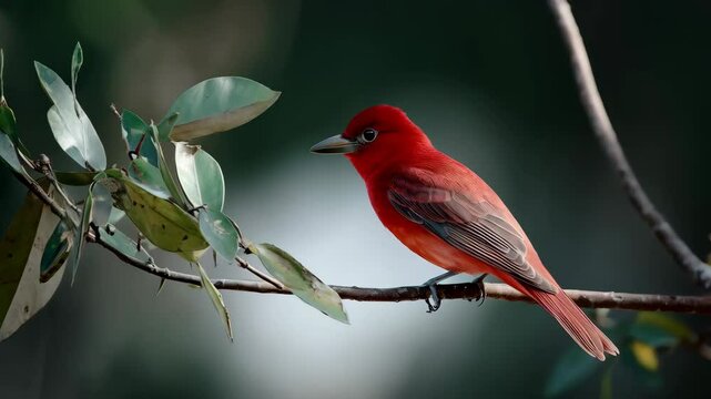 Striking scarlet tanager resting on a slender branch amidst lush foliage in a tranquil natural environment, vibrant colors contrasting with the bokeh background