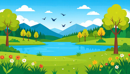 Naklejka premium Vibrant spring landscape featuring a serene lake nestled amongst lush green meadows, flowering plants, and a backdrop of majestic blue mountains under a bright, sunny sky with birds in flight